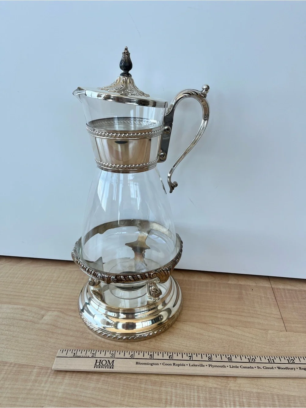 Vintage Silver-Plate Glass Pitcher with Ornate Handle & Warmer Base. Excellent!